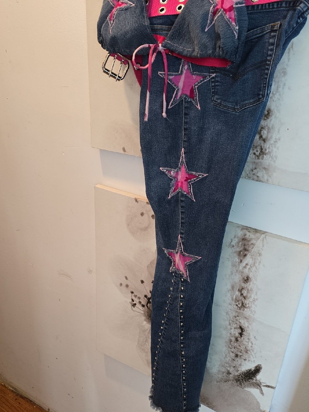 ⭐️Vintage 80's Custom Denim 2pce Set Pink Camo Stars & Stretch Denim - Picture 3 of 16